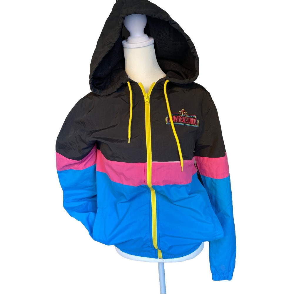 NWT Y2K Universal Studios Windbreaker jacket hood Color block pink blue XS